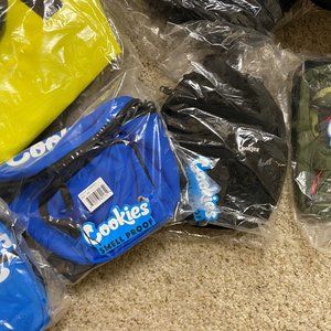 Blue Cookies fanny pack, light blue and camo bag.